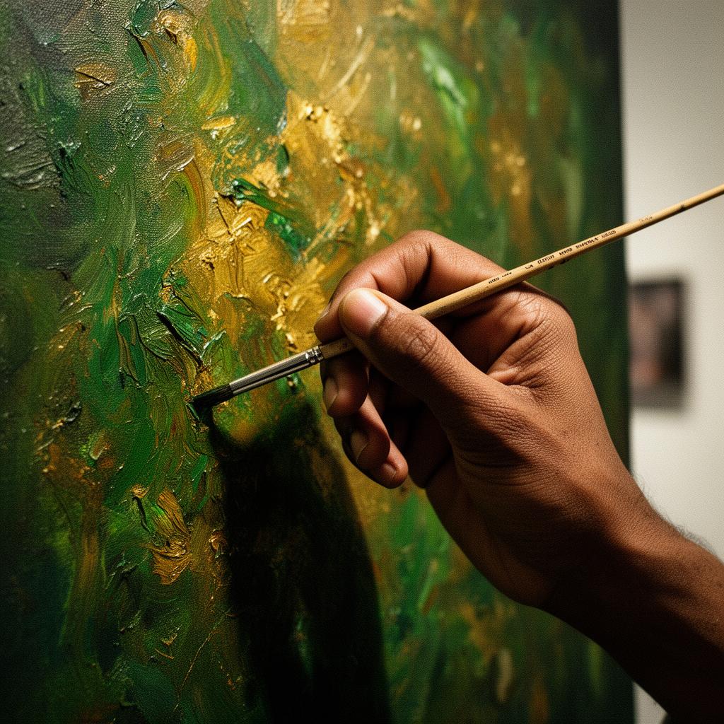 Hand painting a vibrant green and gold canvas